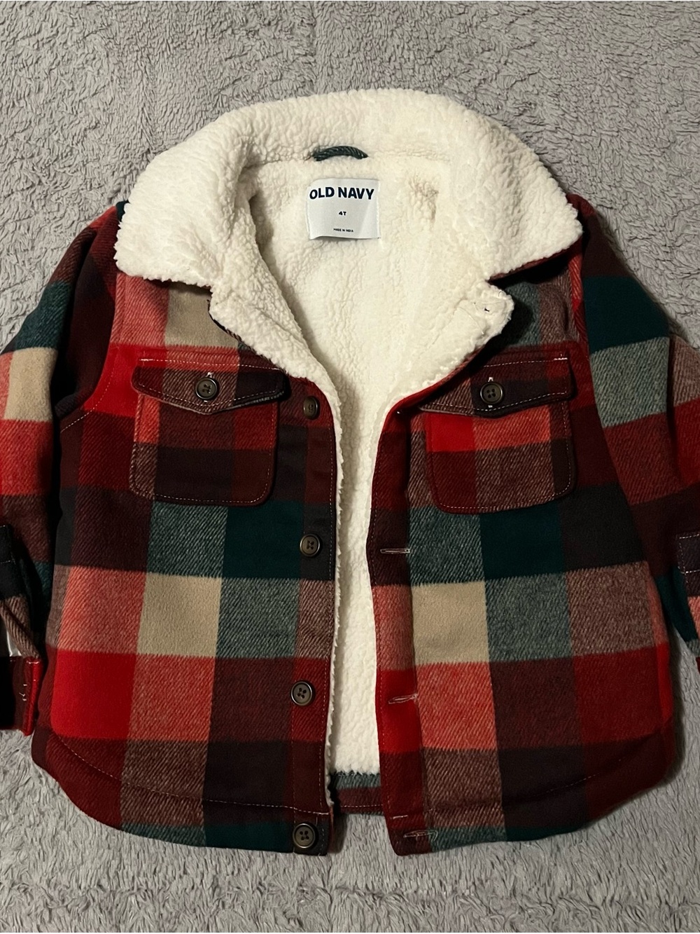 Old Navy Red & Green Plaid Sherpa-Lined Kids Jacket
